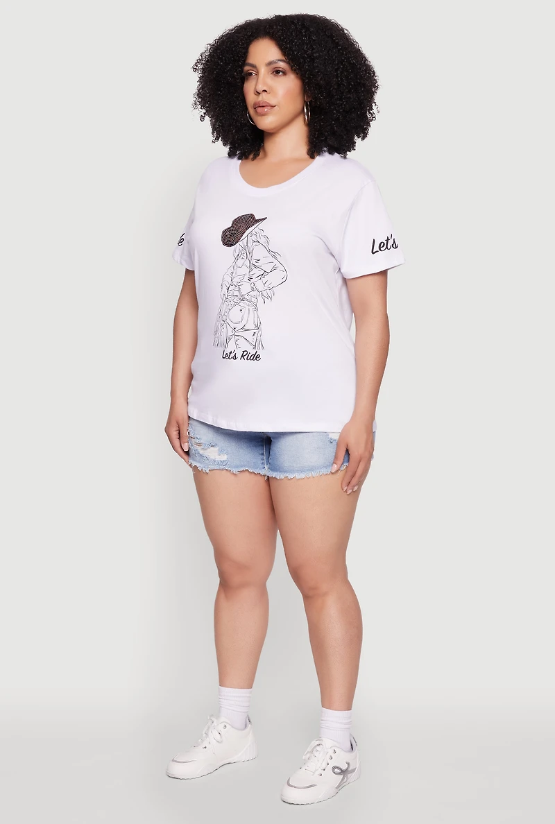 Womens Plus Size Lets Ride Graphic Crew Neck T-Shirt, White, Size 1X