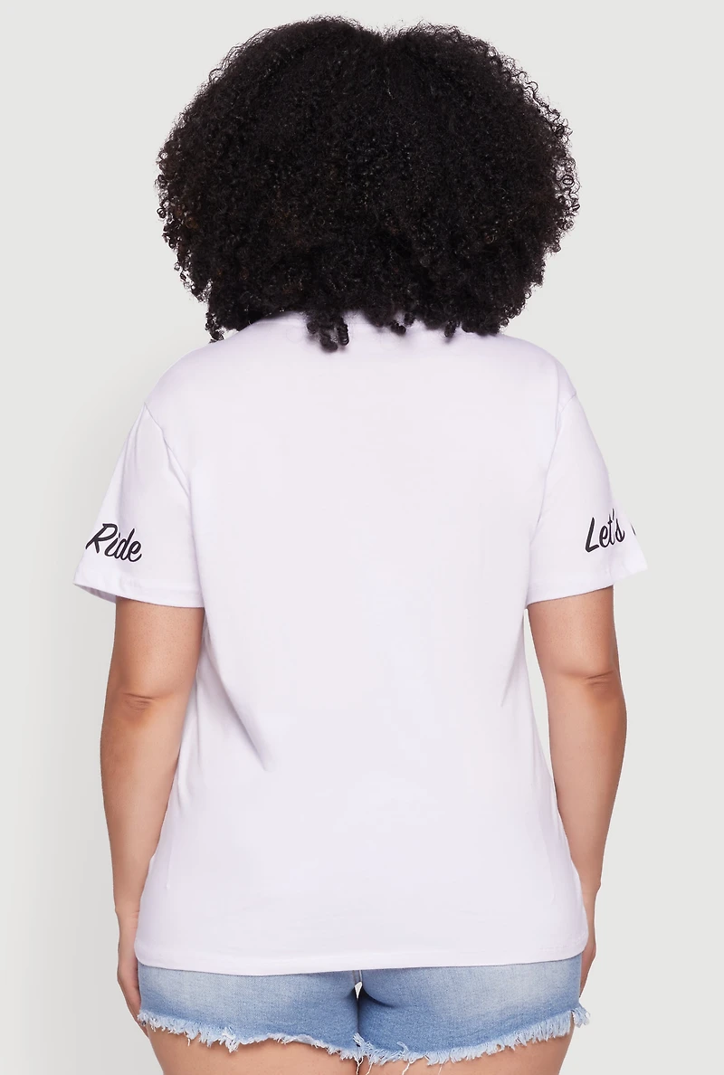 Womens Plus Size Lets Ride Graphic Crew Neck T-Shirt, White, Size 1X