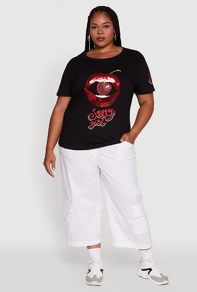 Womens Plus Size Sequin Cherry Lip Sassy Girl Graphic Tee, Black, Size 1X
