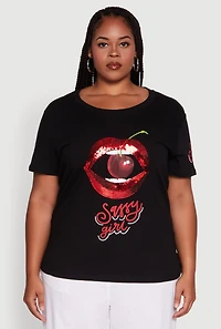 Womens Plus Sequin Cherry Lip Sassy Girl Graphic Tee,