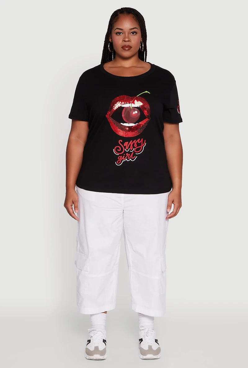 Womens Plus Size Sequin Cherry Lip Sassy Girl Graphic Tee, Black, Size 1X