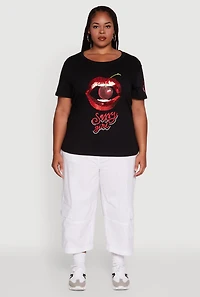 Womens Plus Size Sequin Cherry Lip Sassy Girl Graphic Tee, Black, Size 1X