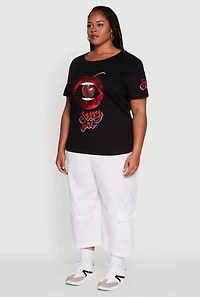 Womens Plus Sequin Cherry Lip Sassy Girl Graphic Tee,