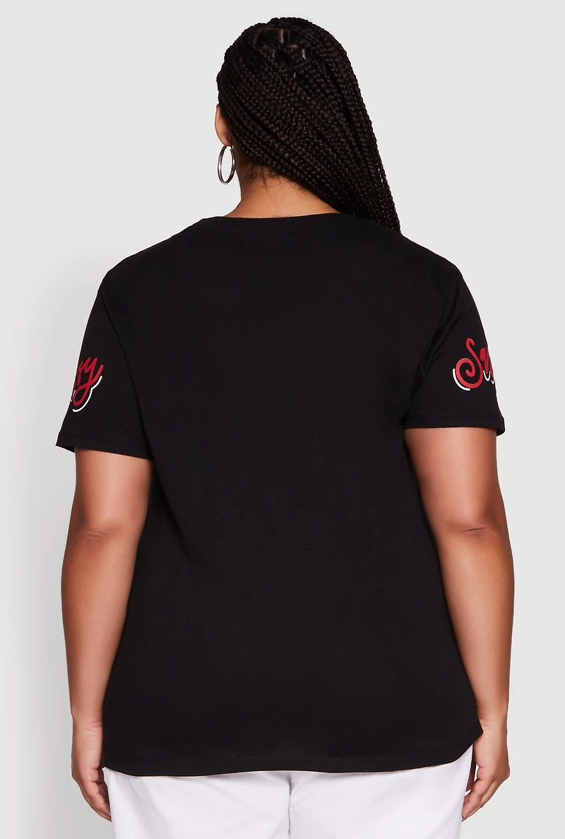 Womens Plus Size Sequin Cherry Lip Sassy Girl Graphic Tee, Black, Size 1X