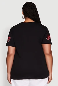 Womens Plus Size Sequin Cherry Lip Sassy Girl Graphic Tee, Black, Size 1X