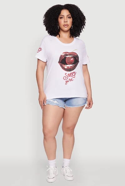 Womens Plus Size Sequin Cherry Lip Sassy Girl Graphic Tee, White, Size 1X