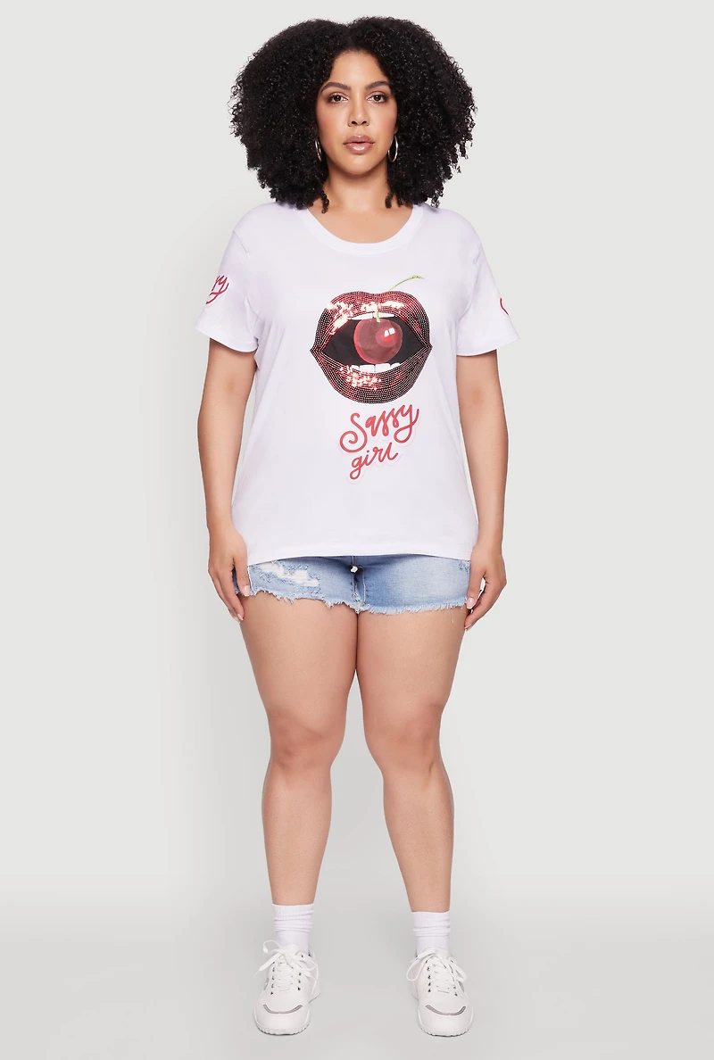 Plus Sequin Cherry Lip Sassy Girl Graphic Tee