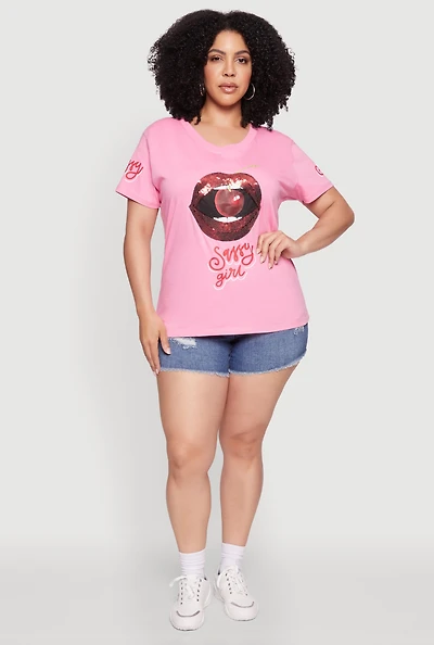 Womens Plus Size Sequin Cherry Lip Sassy Girl Graphic Tee, Pink, Size 3X