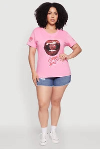 Womens Plus Size Sequin Cherry Lip Sassy Girl Graphic Tee, Pink, Size 3X