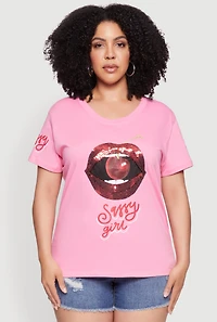 Womens Plus Size Sequin Cherry Lip Sassy Girl Graphic Tee, Pink, Size 3X