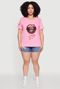 Womens Plus Size Sequin Cherry Lip Sassy Girl Graphic Tee, Pink, Size 3X