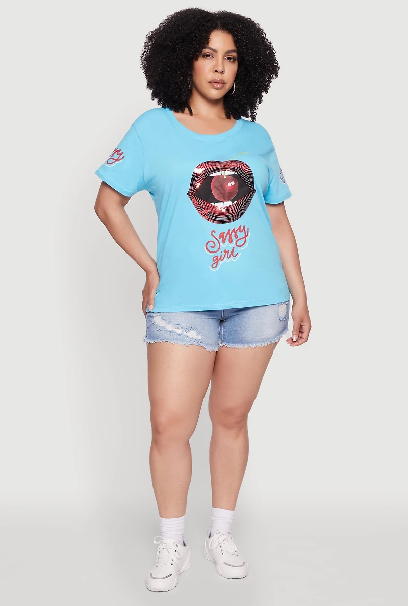 Womens Plus Size Sequin Cherry Lip Sassy Girl Graphic Tee, Blue, Size 1X