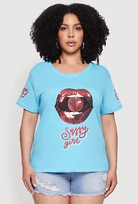 Womens Plus Size Sequin Cherry Lip Sassy Girl Graphic Tee, Blue, Size 1X