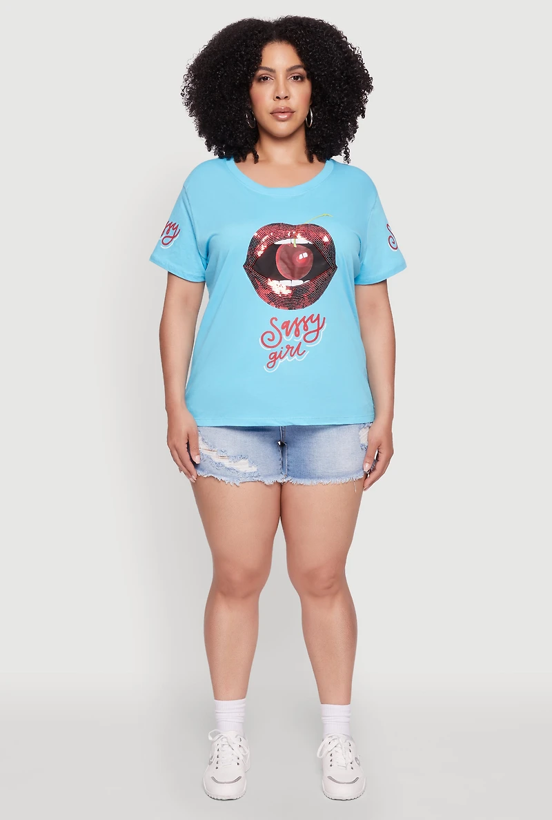 Plus Sequin Cherry Lip Sassy Girl Graphic Tee