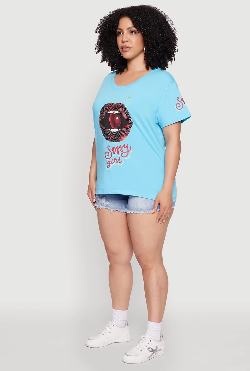 Womens Plus Size Sequin Cherry Lip Sassy Girl Graphic Tee, Blue, Size 1X