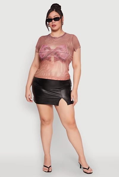 Womens Plus Size Rhinestone Studded Graphic Print Mesh Tee, Brown, Size 2X