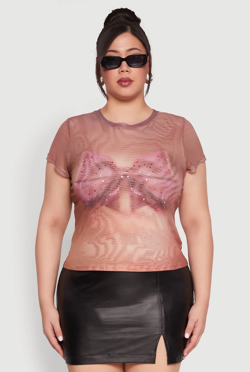 Womens Plus Size Rhinestone Studded Graphic Print Mesh Tee, Brown, Size 2X