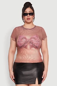 Womens Plus Size Rhinestone Studded Graphic Print Mesh Tee, Brown, Size 2X