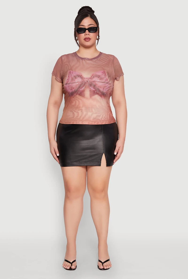 Womens Plus Size Rhinestone Studded Graphic Print Mesh Tee, Brown, Size 2X