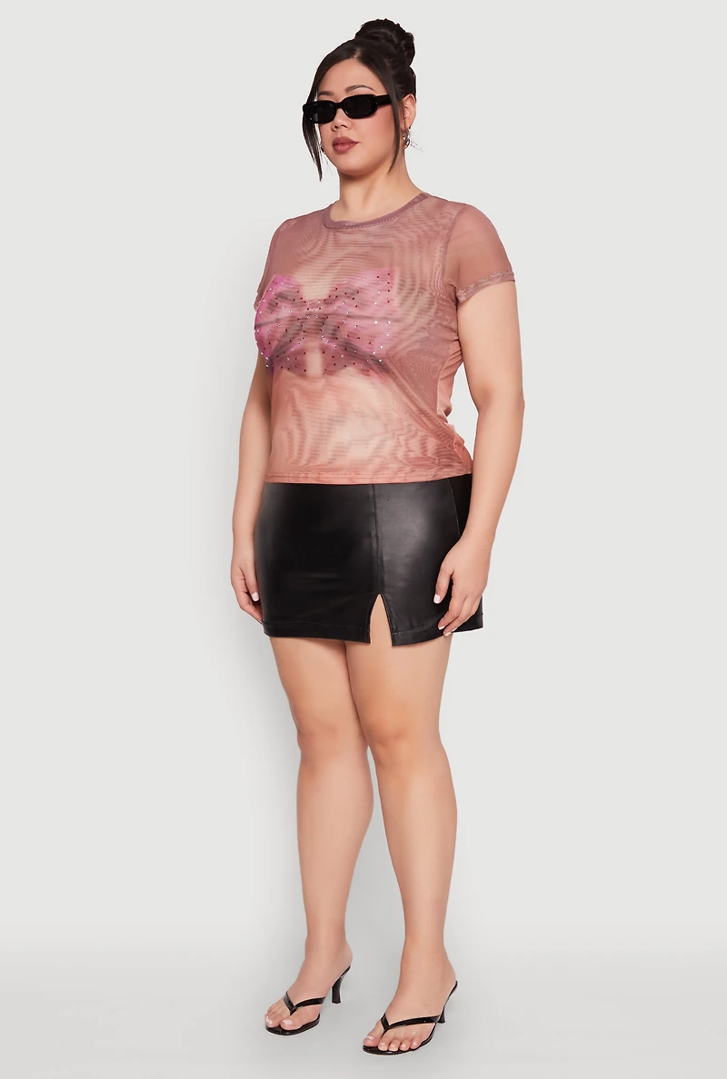 Womens Plus Rhinestone Studded Graphic Print Mesh Tee,