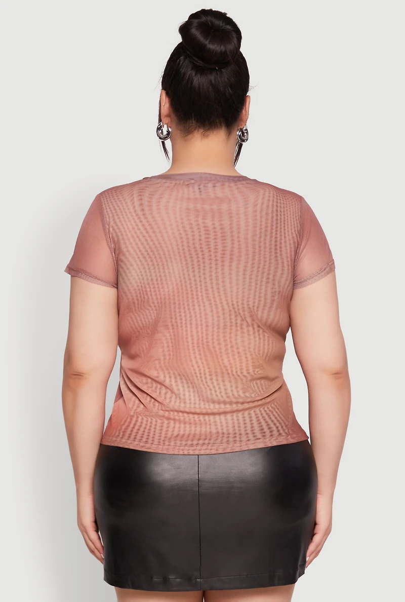 Womens Plus Size Rhinestone Studded Graphic Print Mesh Tee, Brown, Size 2X