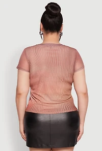 Womens Plus Size Rhinestone Studded Graphic Print Mesh Tee, Brown, Size 2X