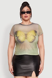 Womens Plus Size Rhinestone Studded Graphic Print Mesh Tee, Green, Size 3X