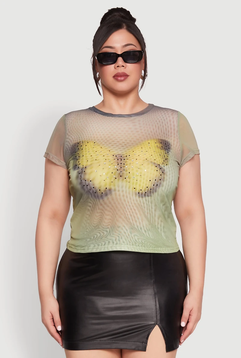 Womens Plus Size Rhinestone Studded Graphic Print Mesh Tee, Green, Size 1X