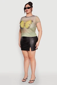 Womens Plus Size Rhinestone Studded Graphic Print Mesh Tee, Green, Size 3X