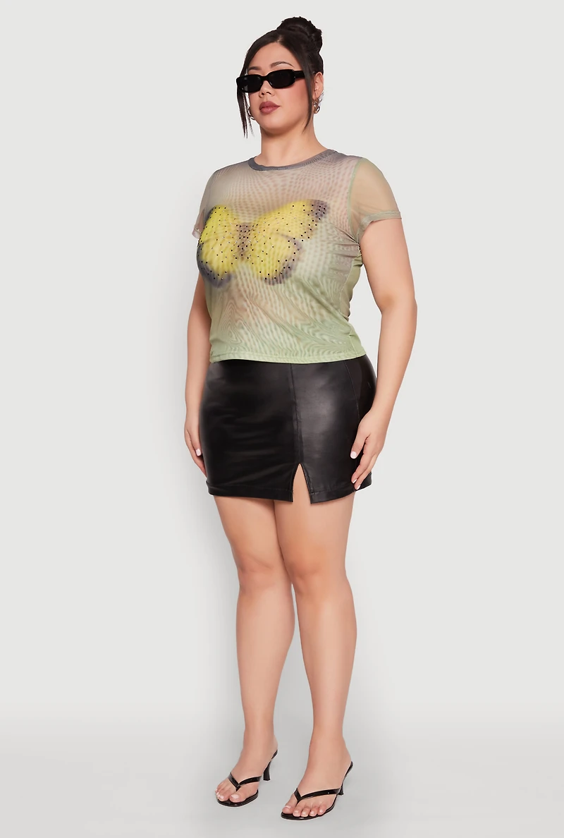 Plus Rhinestone Studded Graphic Print Mesh Tee