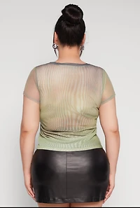 Womens Plus Size Rhinestone Studded Graphic Print Mesh Tee, Green, Size 3X