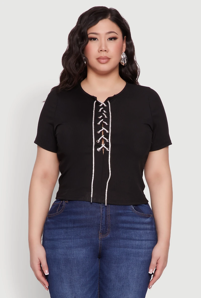 Womens Plus Size Rhinestone Lace Up Short Sleeve Top, Black, Size 2X