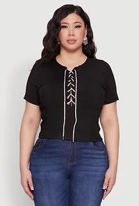 Womens Plus Size Rhinestone Lace Up Short Sleeve Top, Black, Size 2X
