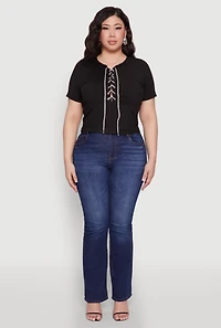 Womens Plus Rhinestone Lace Up Short Sleeve Top,