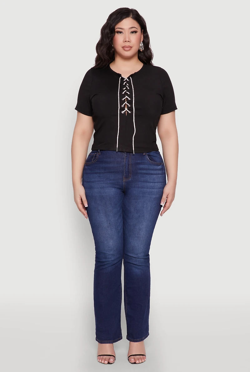 Womens Plus Size Rhinestone Lace Up Short Sleeve Top, Black, Size 2X