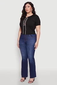 Womens Plus Rhinestone Lace Up Short Sleeve Top,