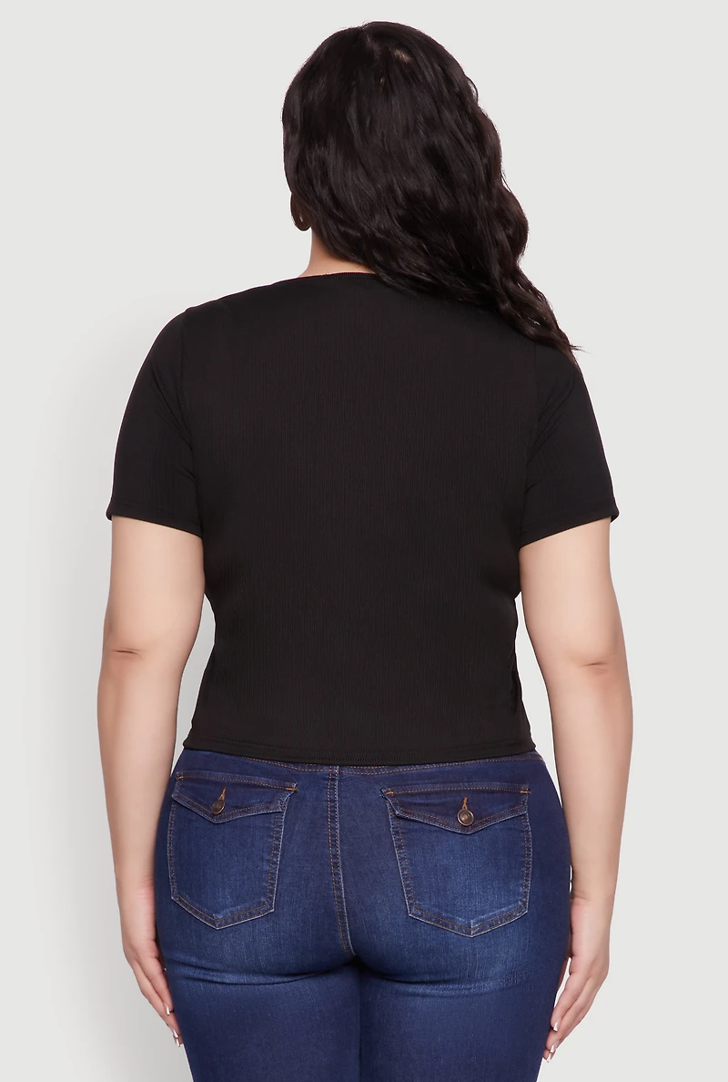 Womens Plus Size Rhinestone Lace Up Short Sleeve Top, Black, Size 2X