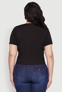 Womens Plus Size Rhinestone Lace Up Short Sleeve Top, Black, Size 2X