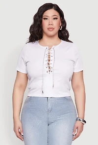 Womens Plus Size Rhinestone Lace Up Short Sleeve Top, White, Size 1X
