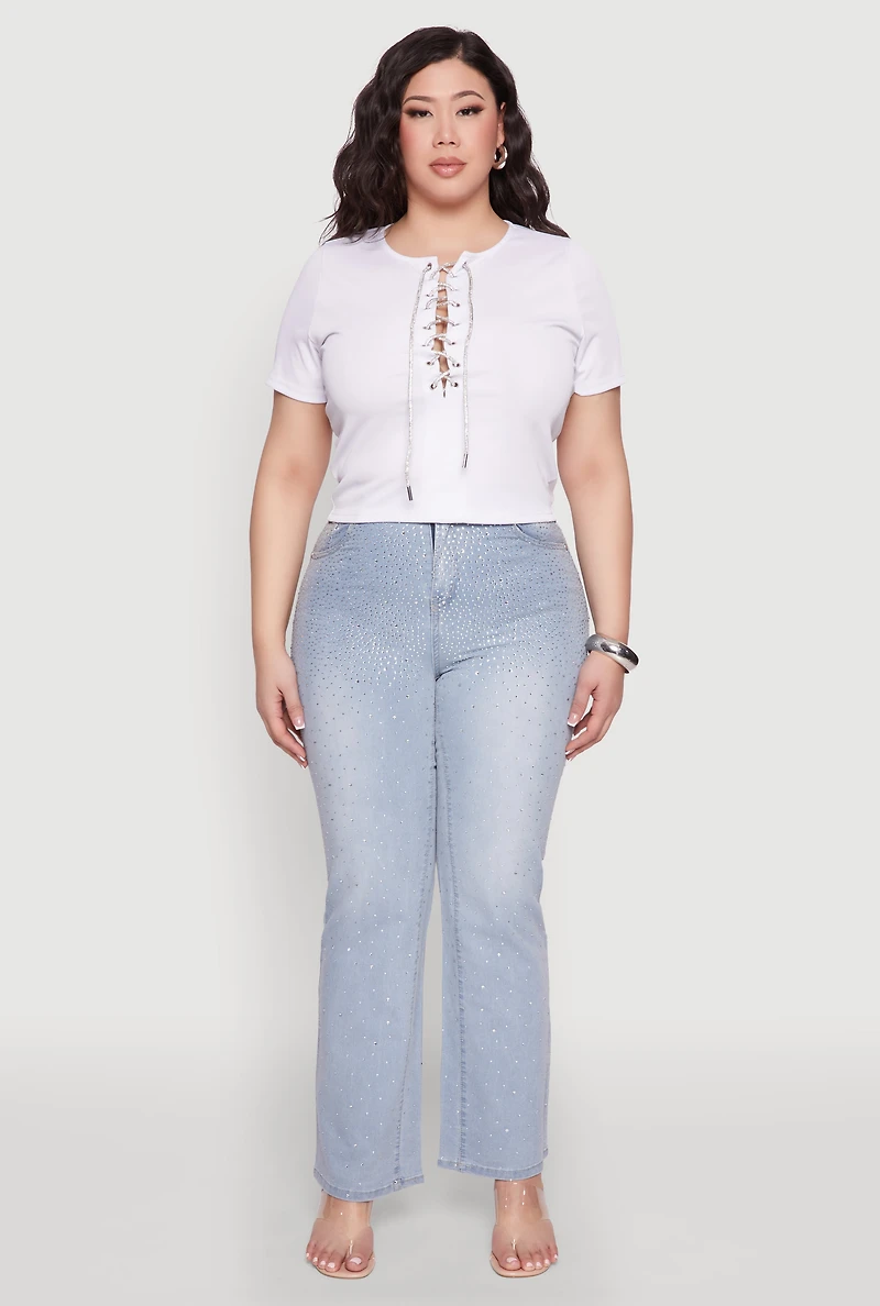 Womens Plus Size Rhinestone Lace Up Short Sleeve Top, White, Size 1X