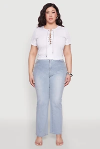 Womens Plus Size Rhinestone Lace Up Short Sleeve Top, White, Size 1X
