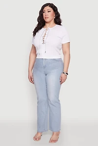 Womens Plus Size Rhinestone Lace Up Short Sleeve Top, White, Size 1X