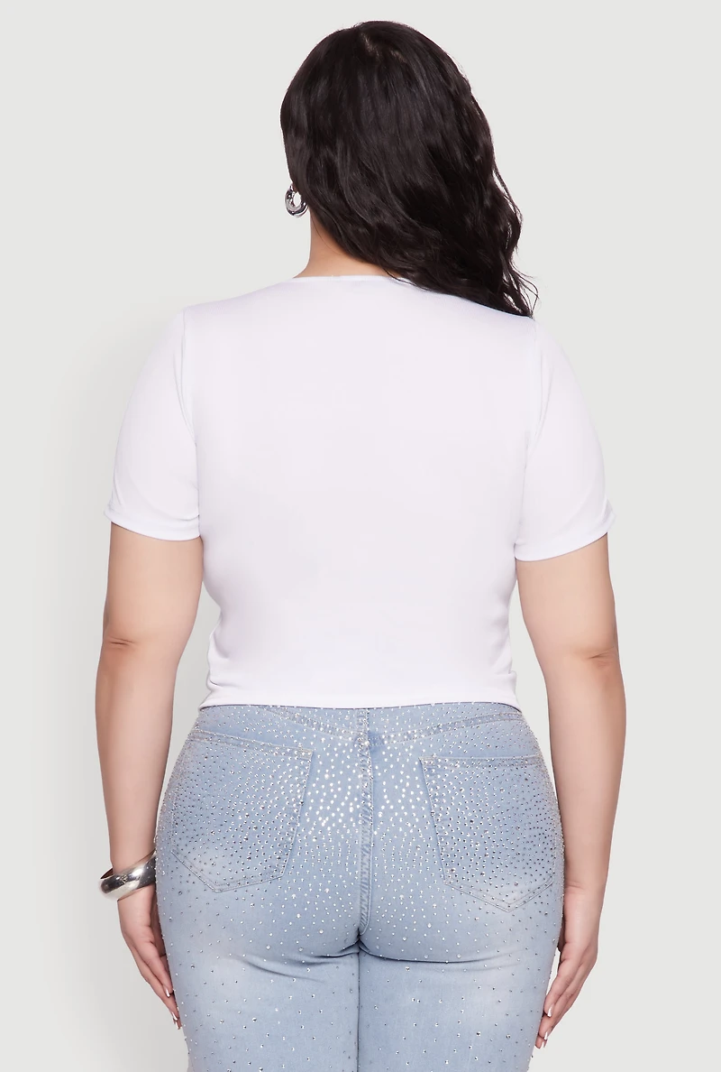 Womens Plus Size Rhinestone Lace Up Short Sleeve Top, White, Size 1X