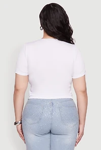 Womens Plus Size Rhinestone Lace Up Short Sleeve Top, White, Size 1X