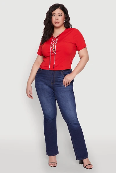 Womens Plus Size Rhinestone Lace Up Short Sleeve Top, Red, Size 1X