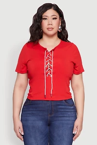 Womens Plus Size Rhinestone Lace Up Short Sleeve Top, Red, Size 2X