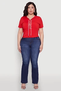 Womens Plus Size Rhinestone Lace Up Short Sleeve Top, Red, Size 2X