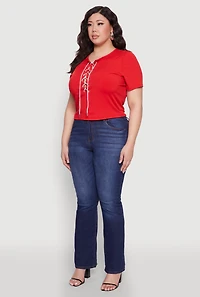 Womens Plus Size Rhinestone Lace Up Short Sleeve Top, Red, Size 2X