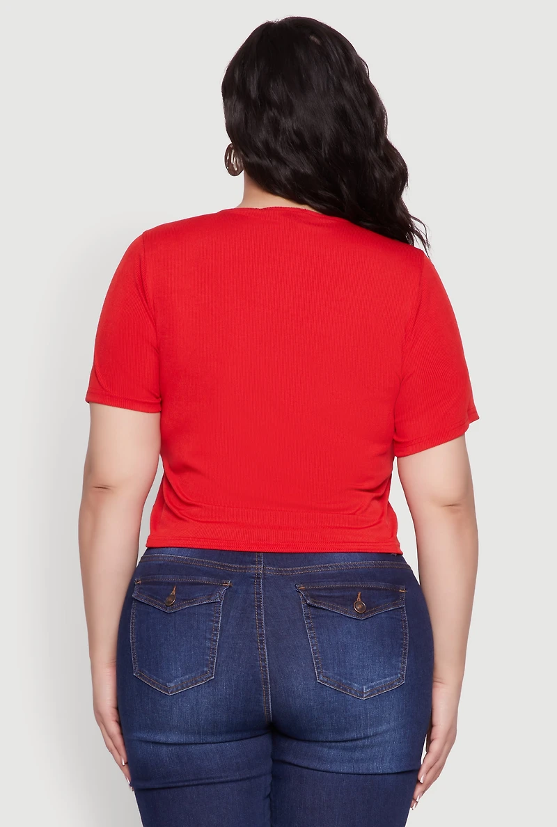 Womens Plus Size Rhinestone Lace Up Short Sleeve Top, Red, Size 2X