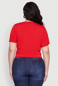 Womens Plus Size Rhinestone Lace Up Short Sleeve Top, Red, Size 2X